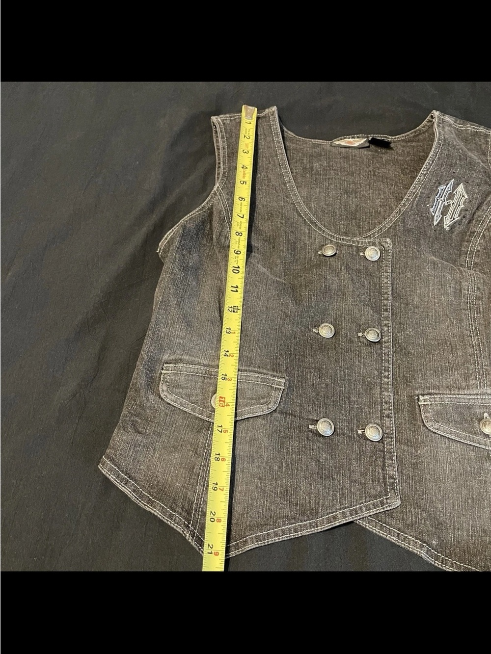 Harley Davidson L Black Denim Double Breasted Button Vest Black Stones/Gems - Picture 7 of 7